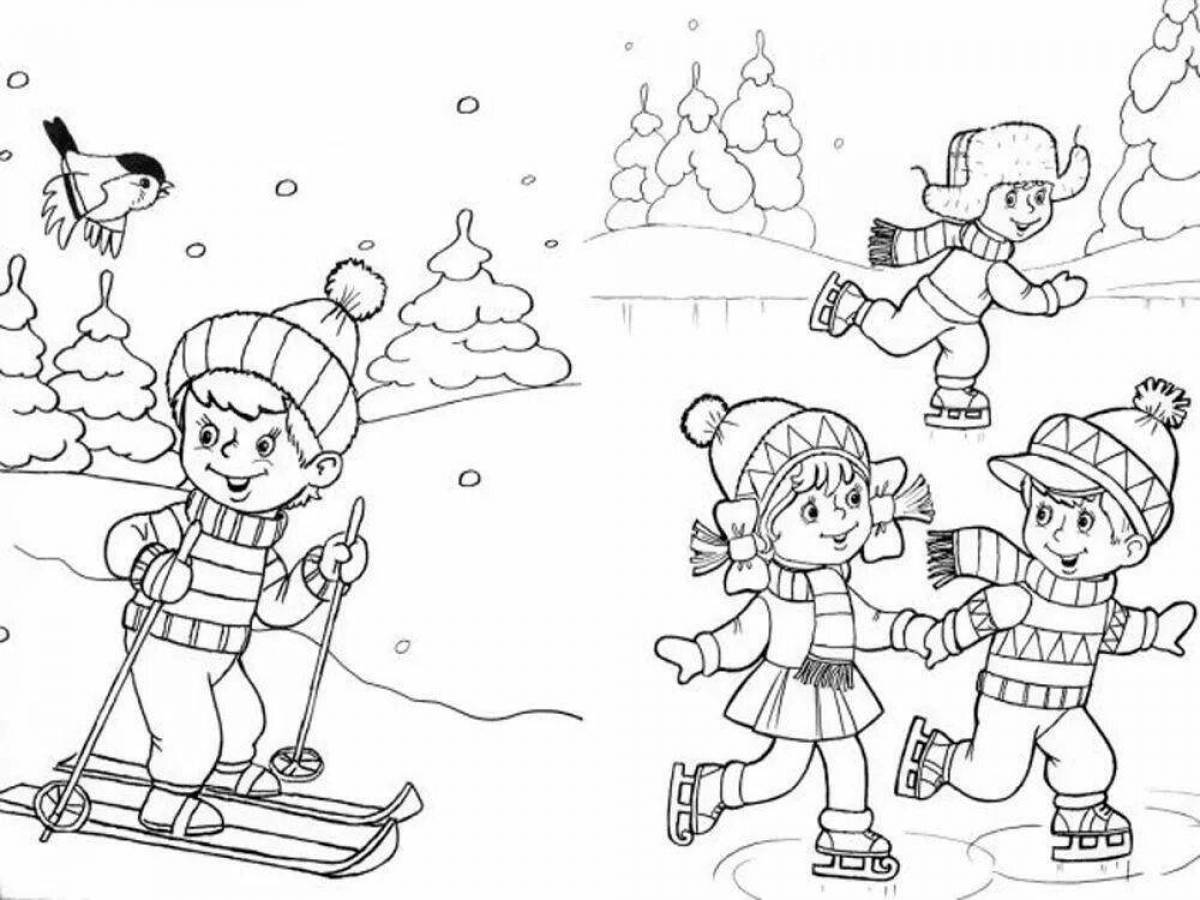 Раскраски зимушка зима Дети катаются на коньках на речке