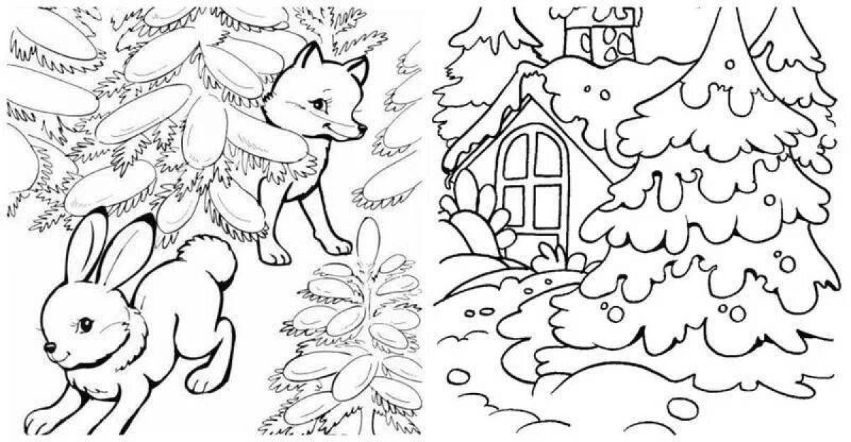 Radiant coloring page animals in the winter forest