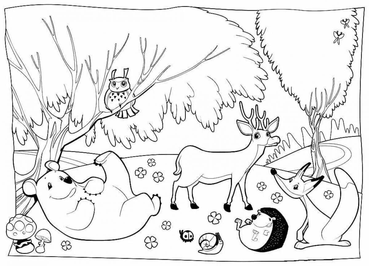 Calm coloring animals in the winter forest