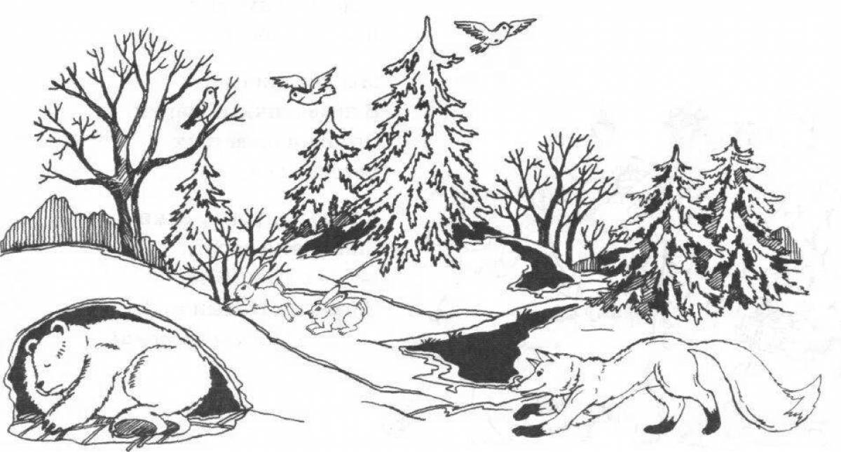 Coloring page serendipitous animals in the winter forest
