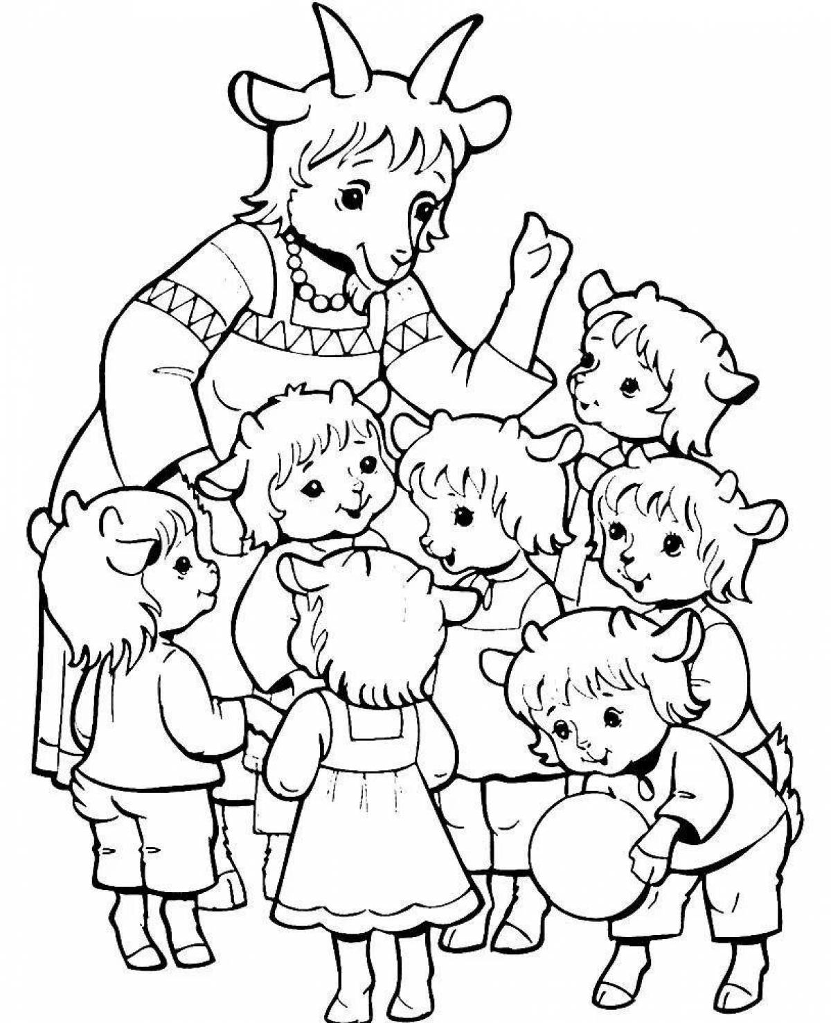 Beautiful coloring of the fairytale wolf and seven kids