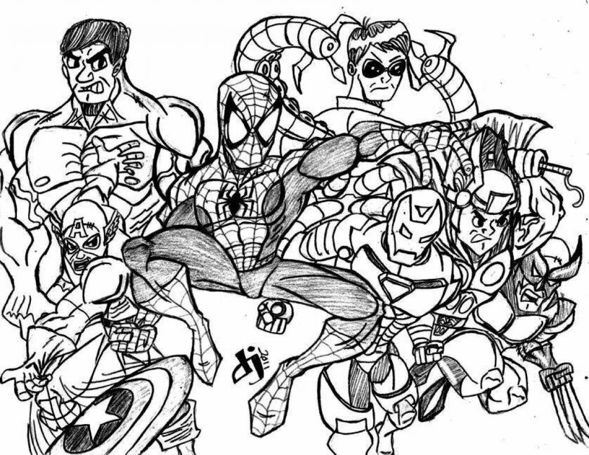 Glowing coloring book super heroes whole team