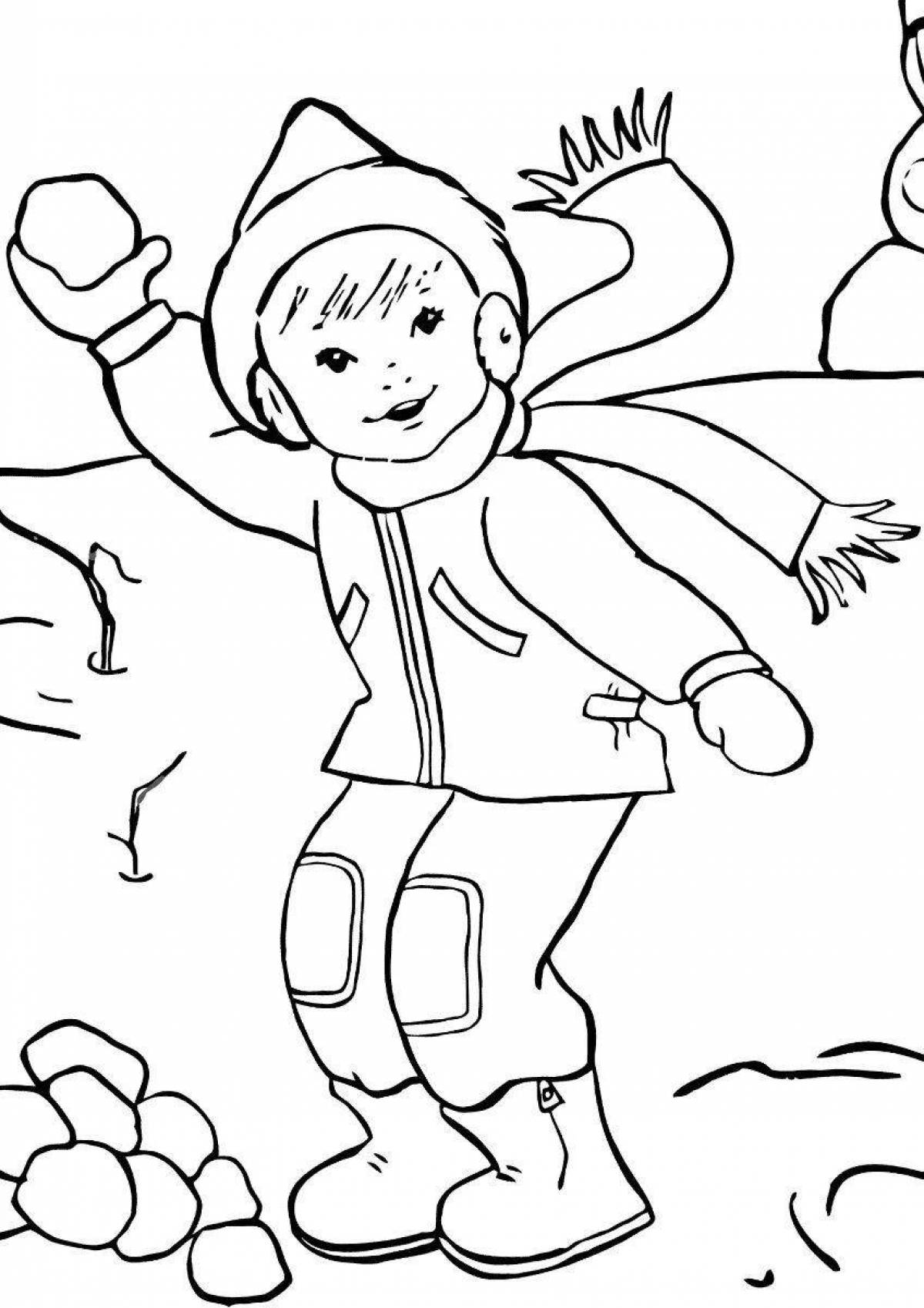 Joyful coloring for children boy in winter clothes
