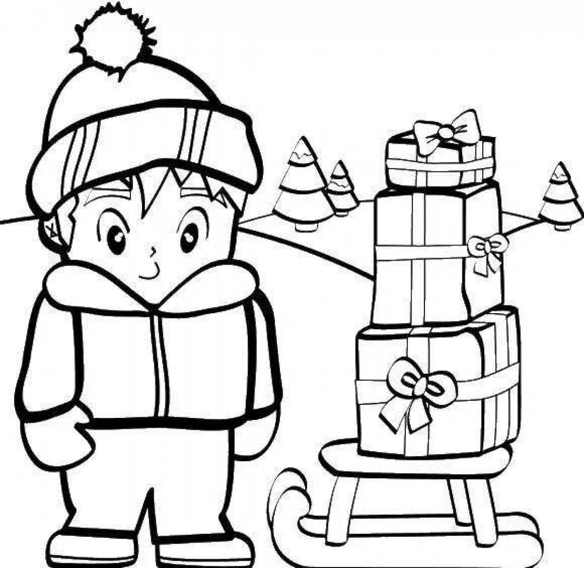 Fun coloring book for kids boy in winter clothes