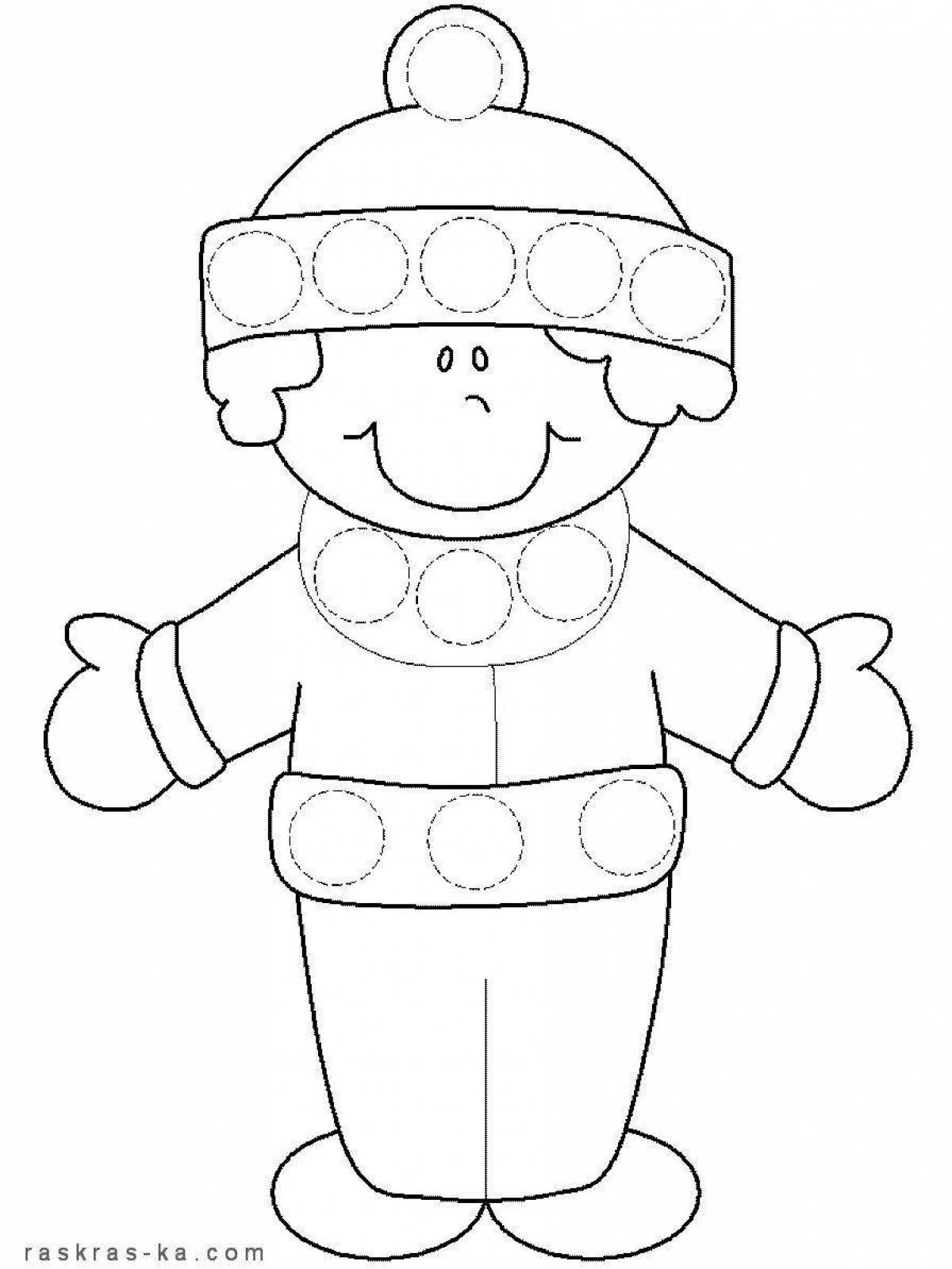 Cute coloring book for kids boy in winter clothes