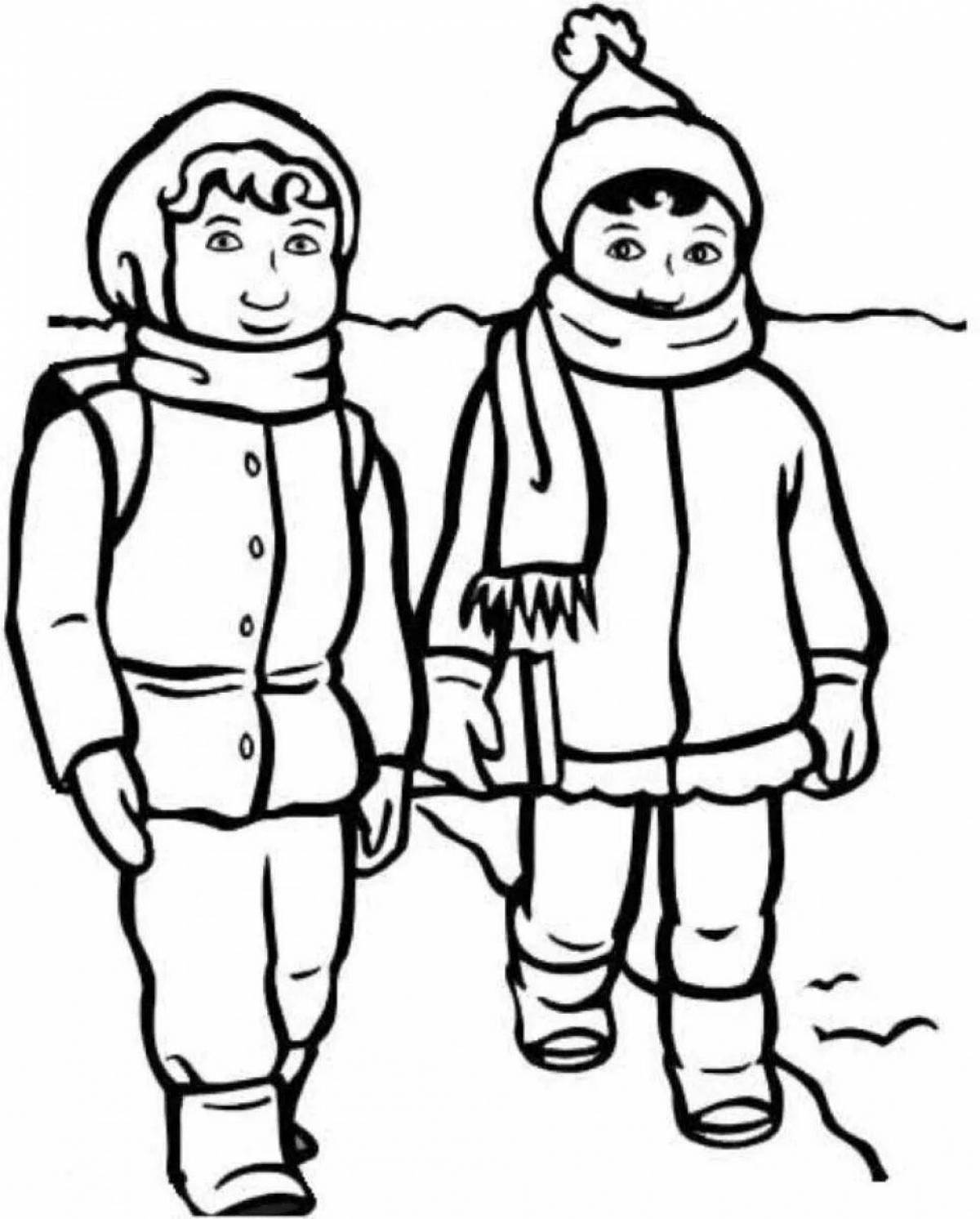 Funny coloring book for children boy in winter clothes
