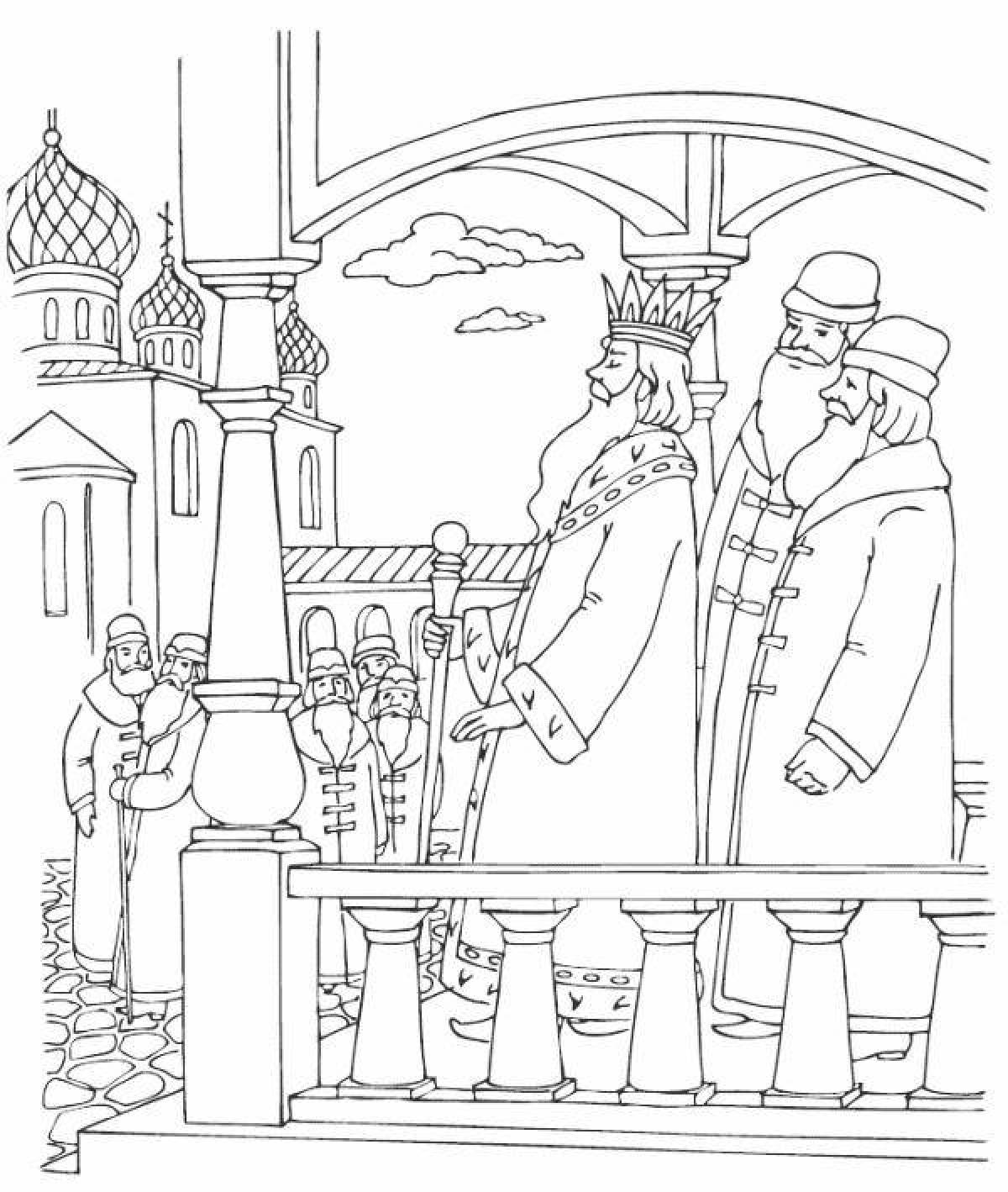Charming coloring illustration for the fairy tale about Tsar Saltan