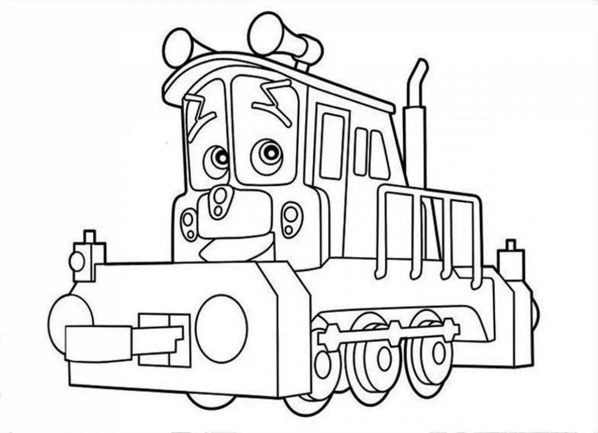 Playful steam locomotive coloring page