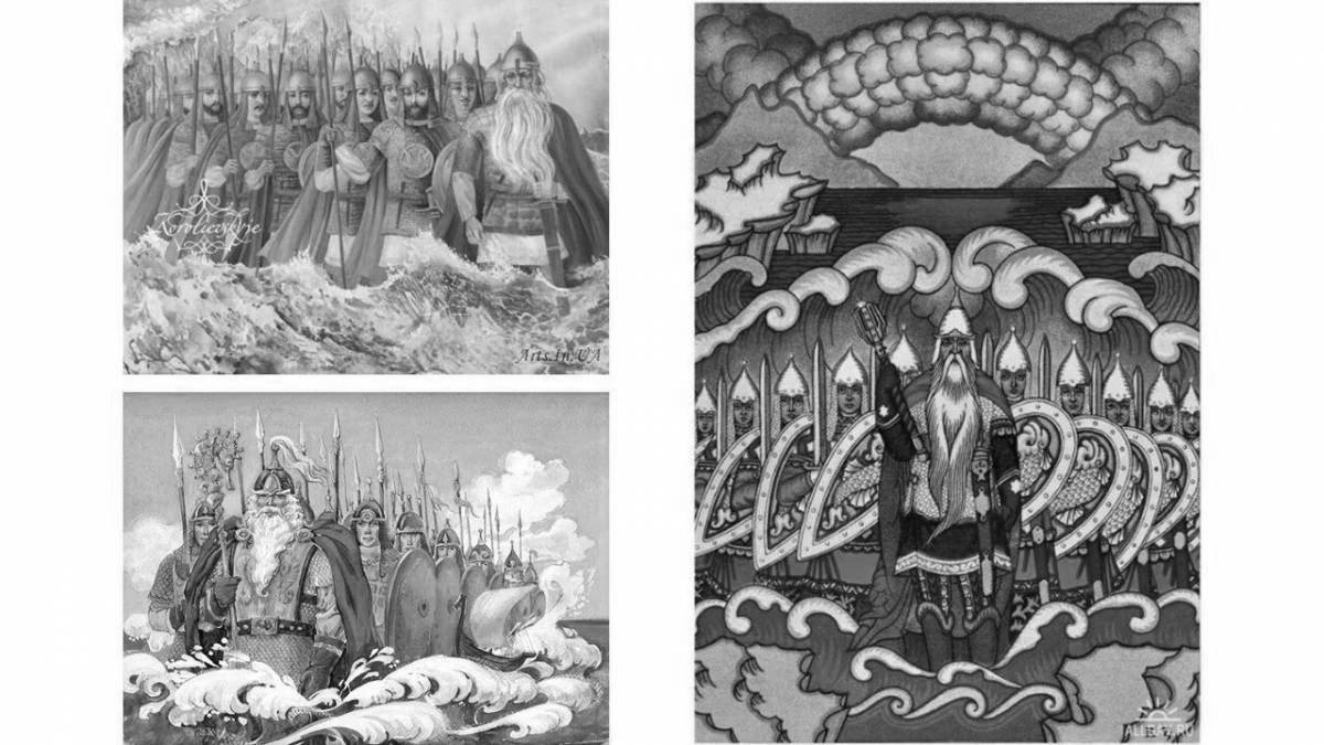 Tsar's heroes from the fairy tale about Tsar Saltan coloring page