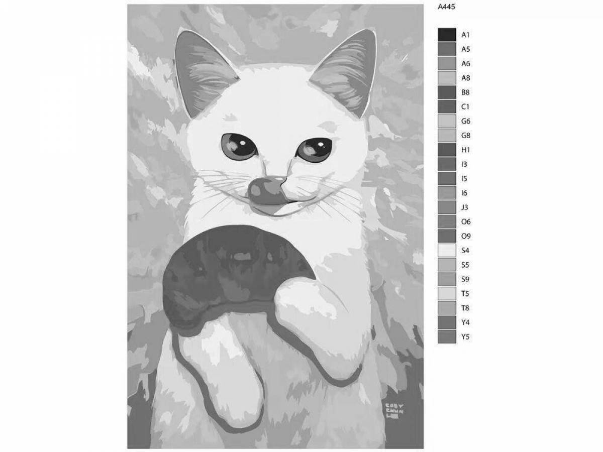 Гармоничный жирный кот, рисующий по номерам на холсте