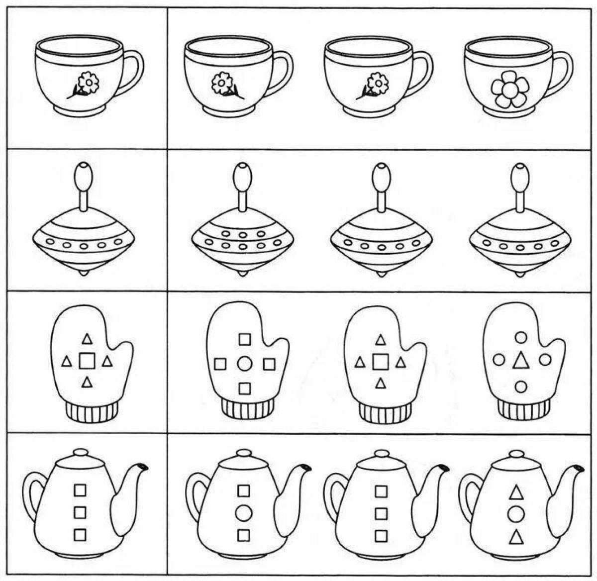 Найди одинаковые рисунки. Задание на внимание для малышей. Развивающие задания на внимание. Посуда задания для детей. Раскрась одинаковые предметы.