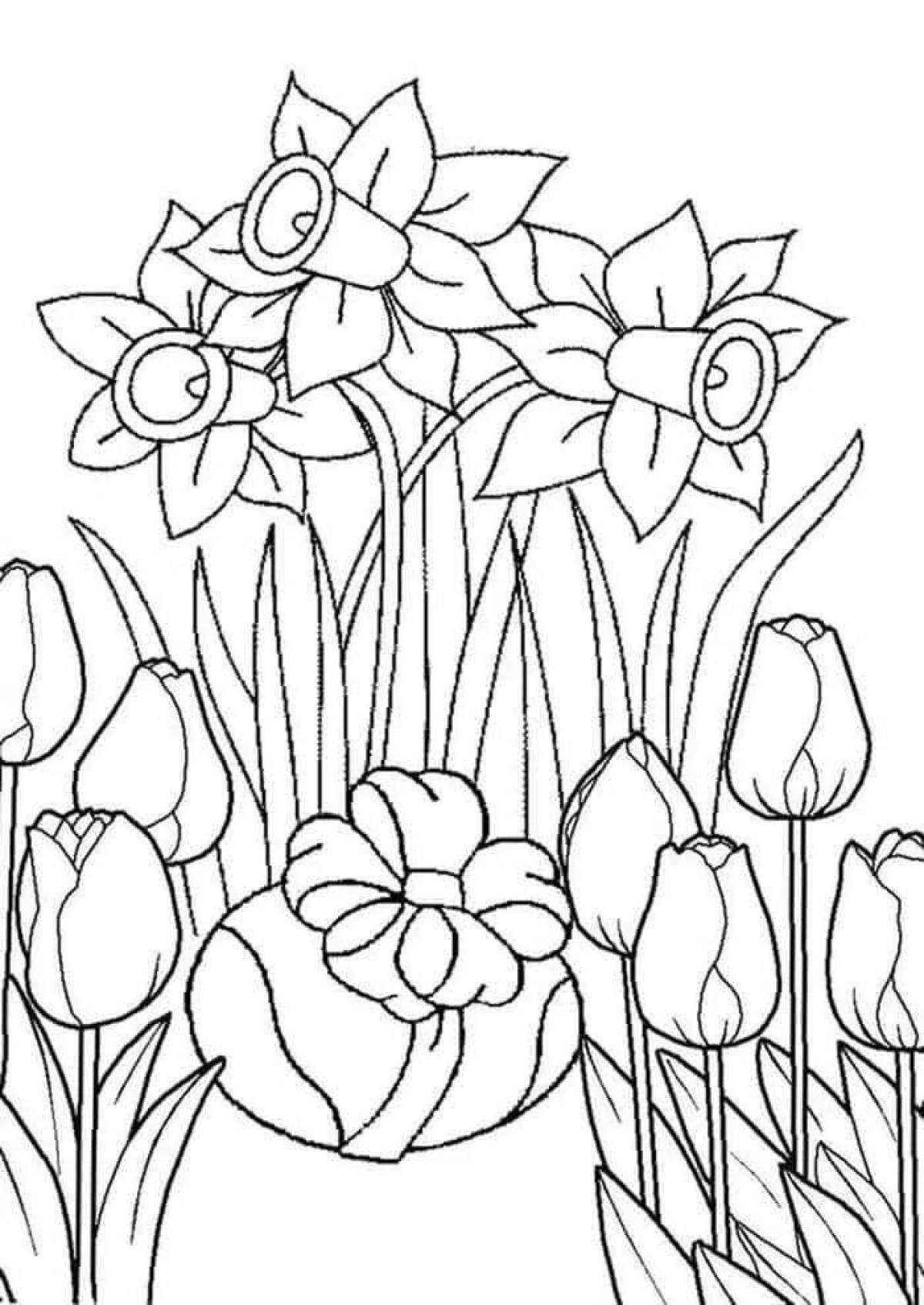 Coloring book of cheerful tulips