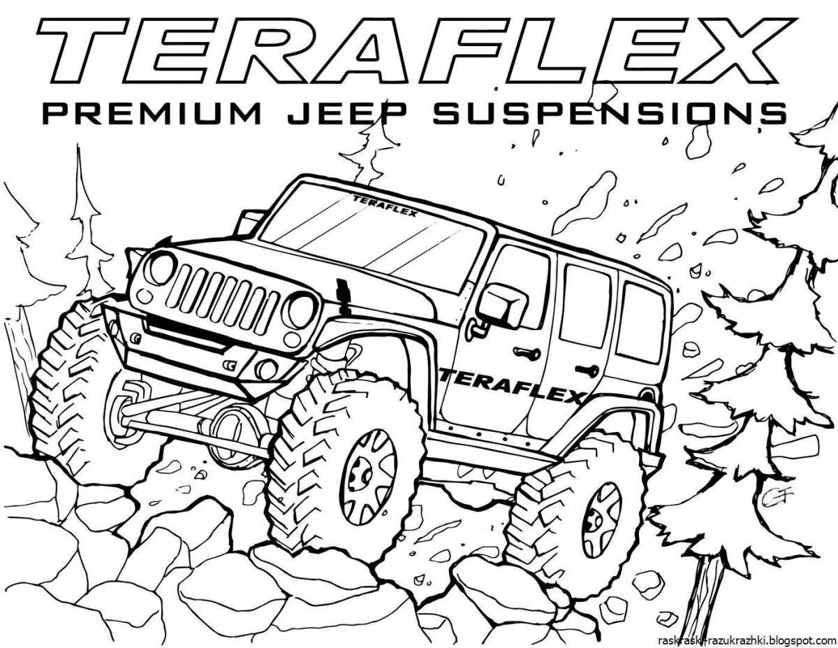 Coloring page of a fascinating racing jeep