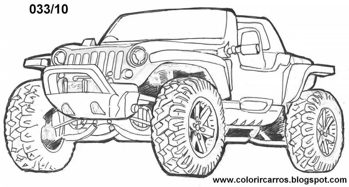 Coloring page of an energetic racing jeep