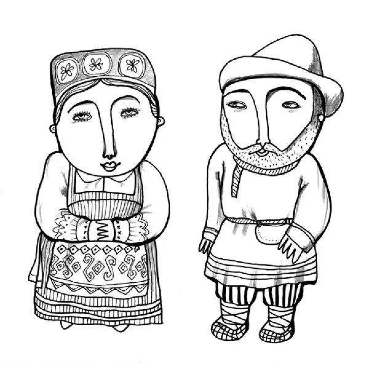 Coloring page joyful Udmurt costume