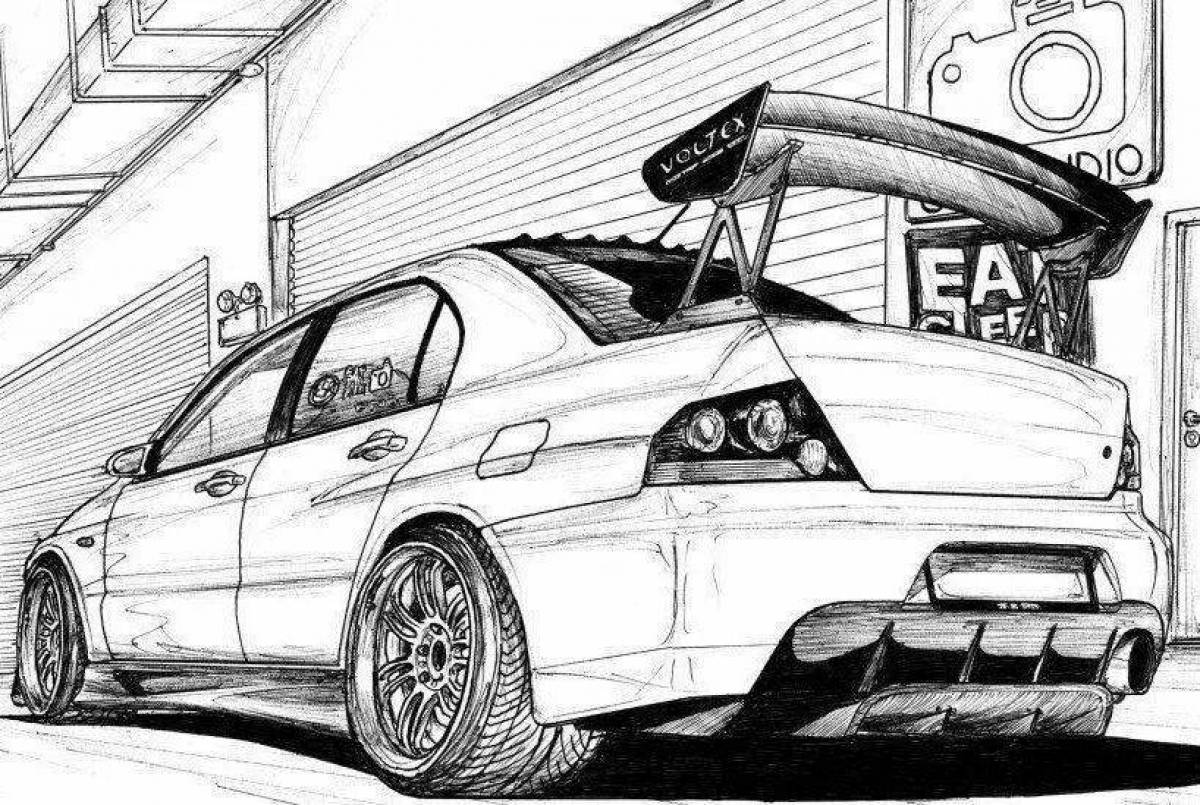 Intricate anime cars coloring book