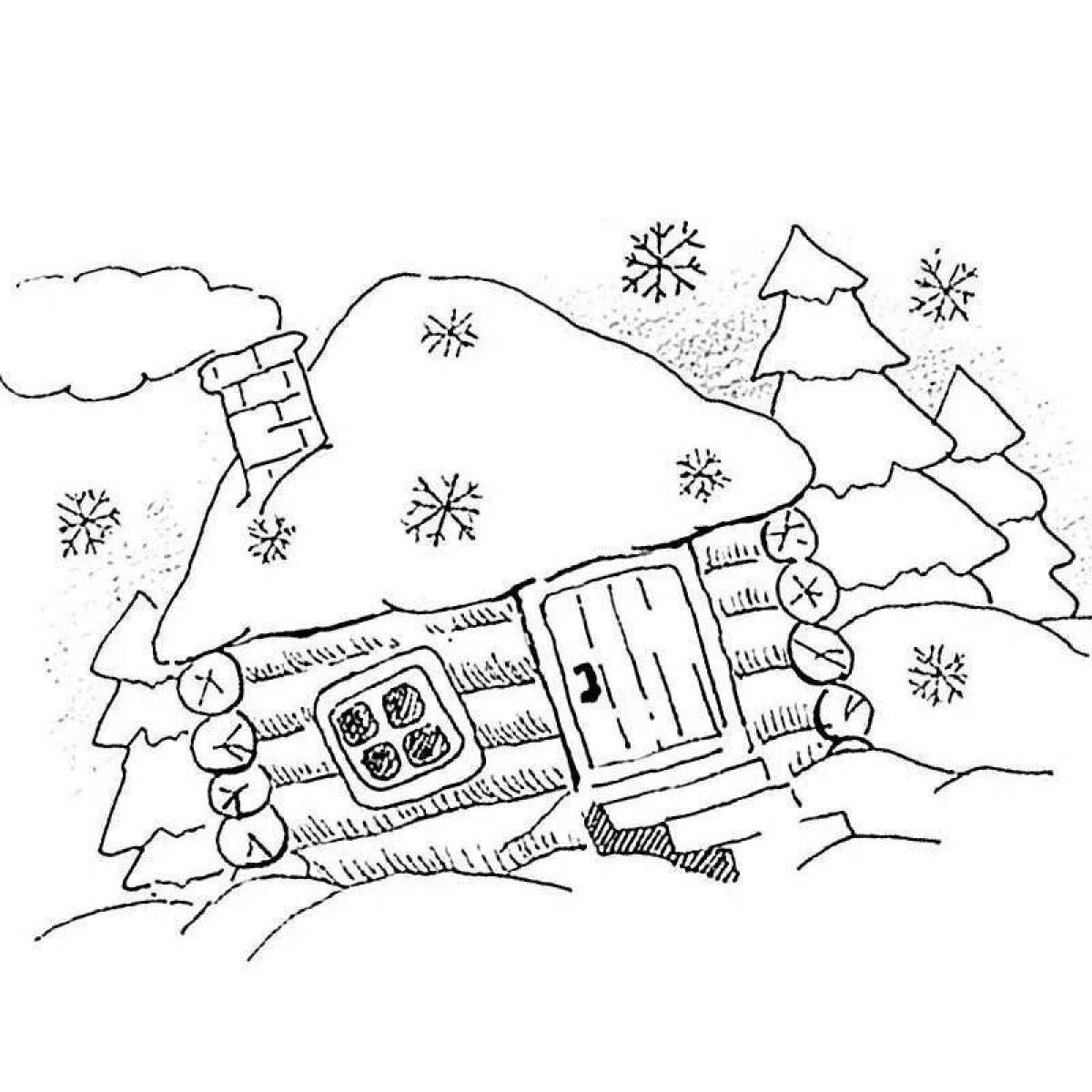 Безмятежный дом раскраски зимой