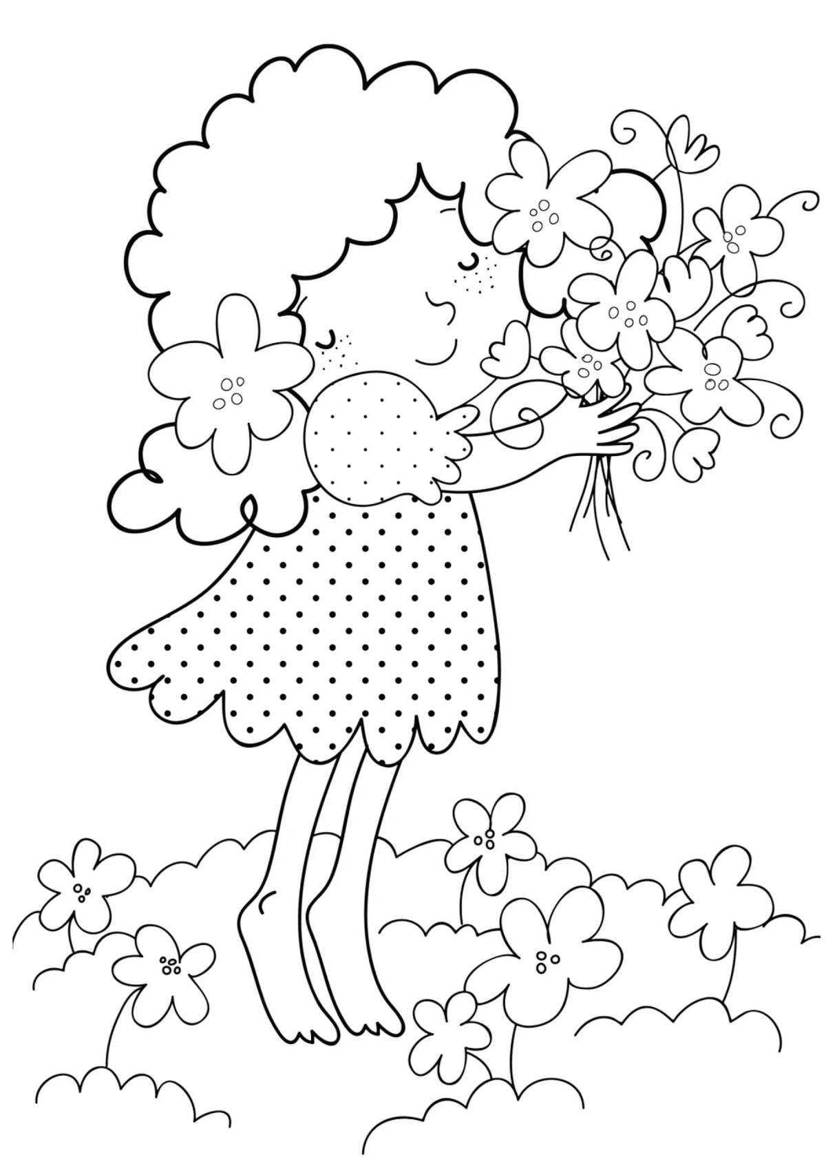 Playful spring girl coloring page