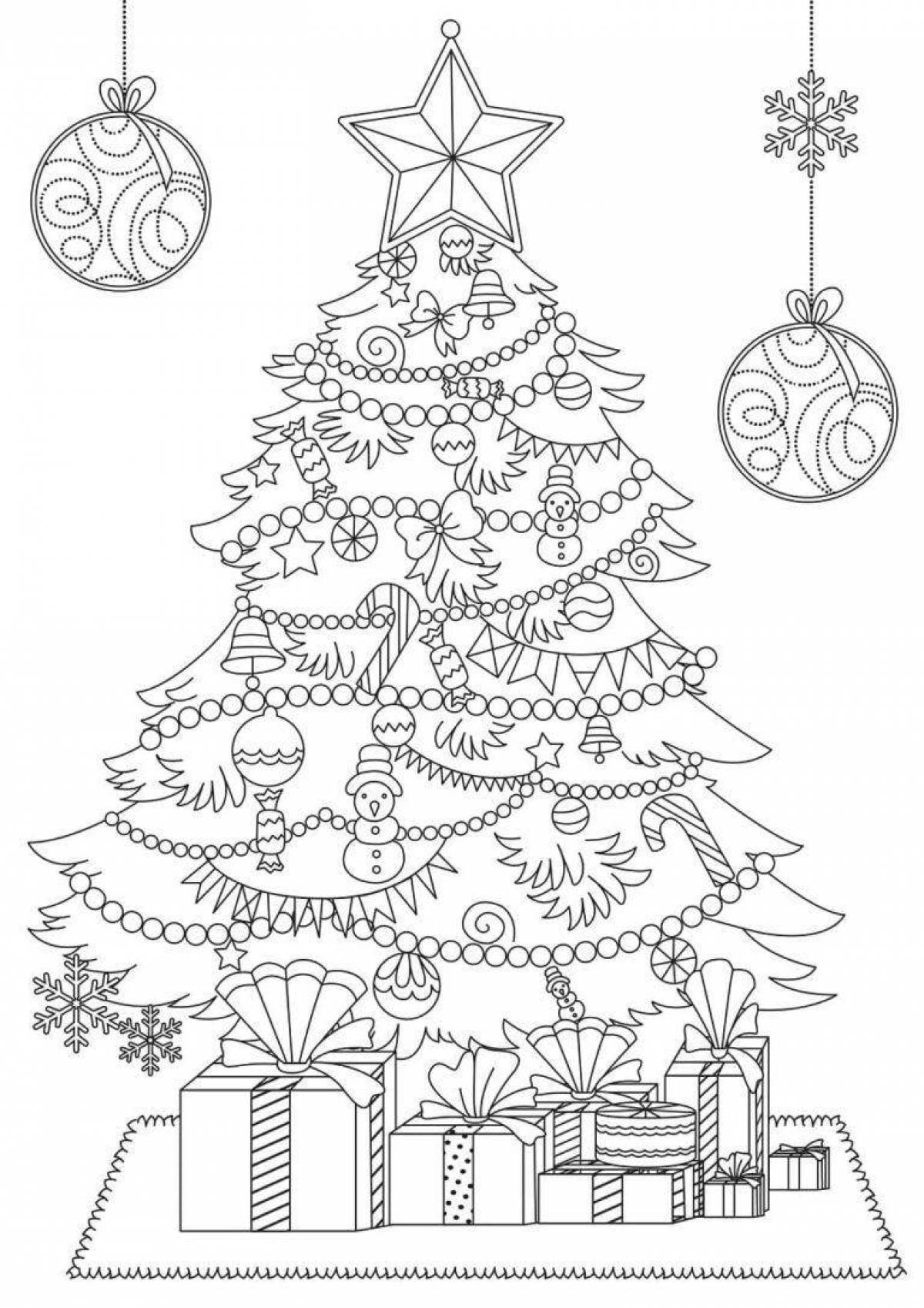 Coloring page of a luxuriously decorated Christmas tree