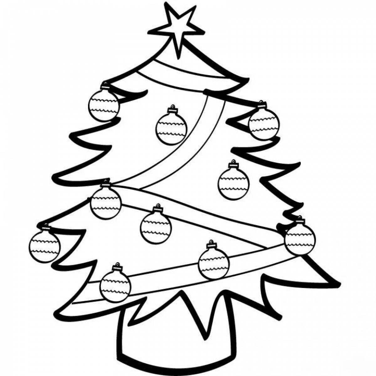 Coloring page of an elaborately decorated Christmas tree
