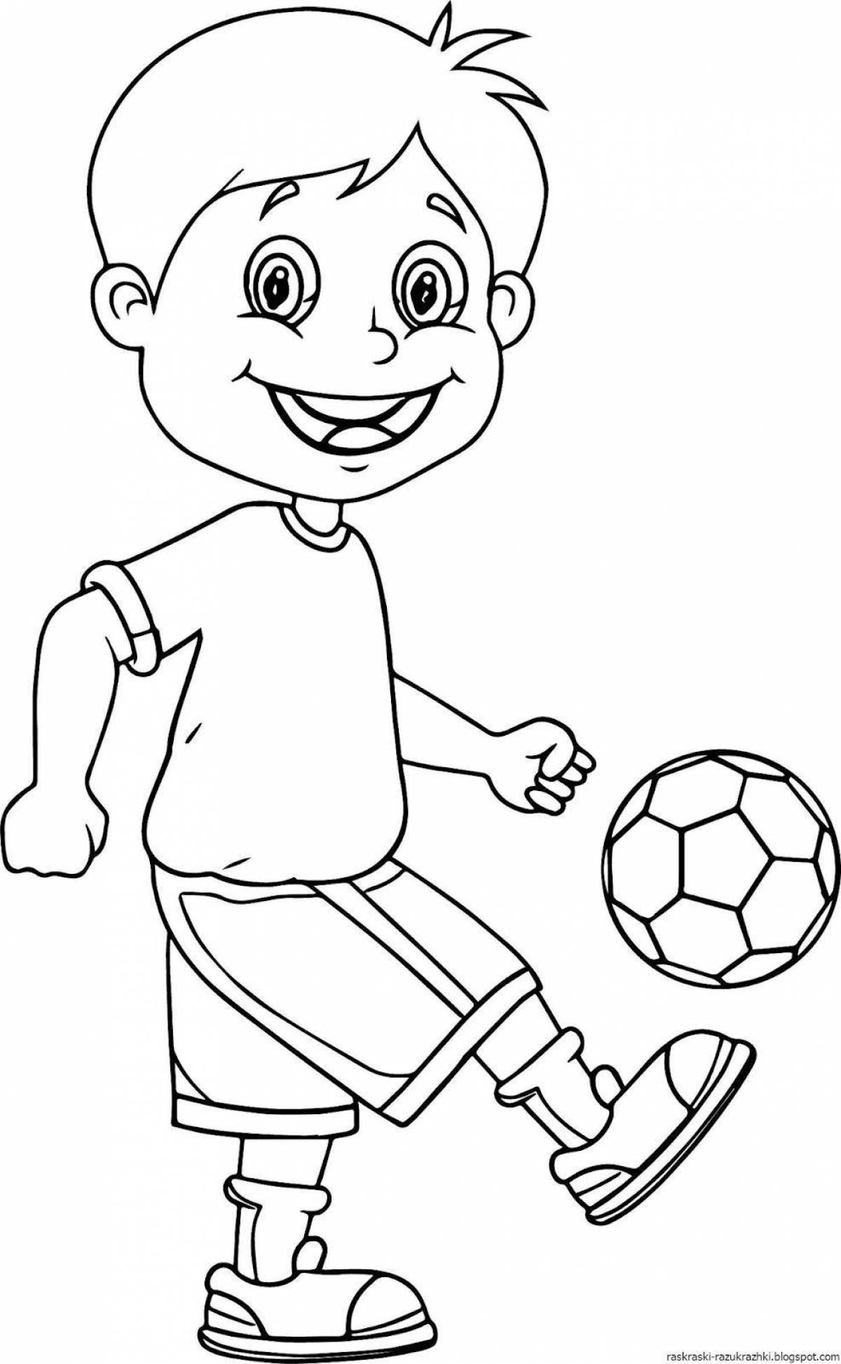 Coloring page of a joyful soccer boy