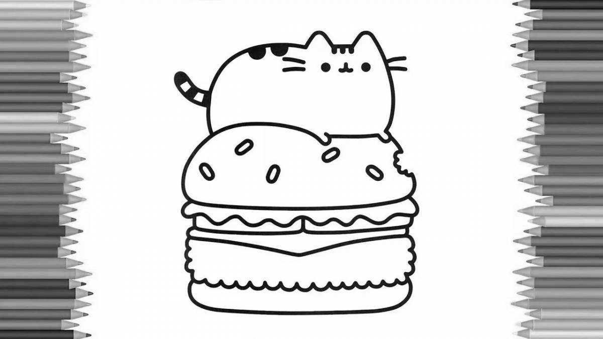 Playful burger cat coloring page