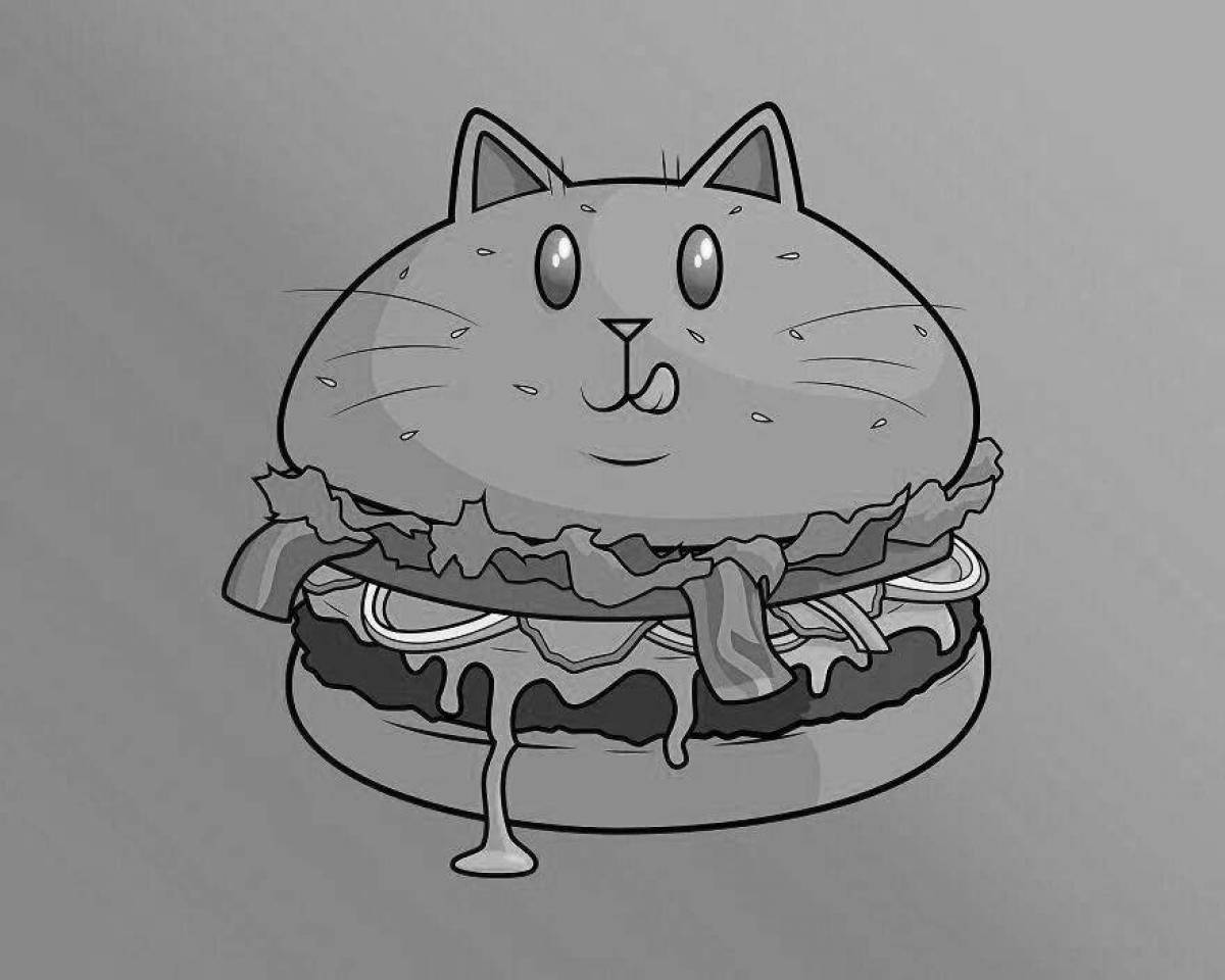 Раскраска яркая бургерная кошка
