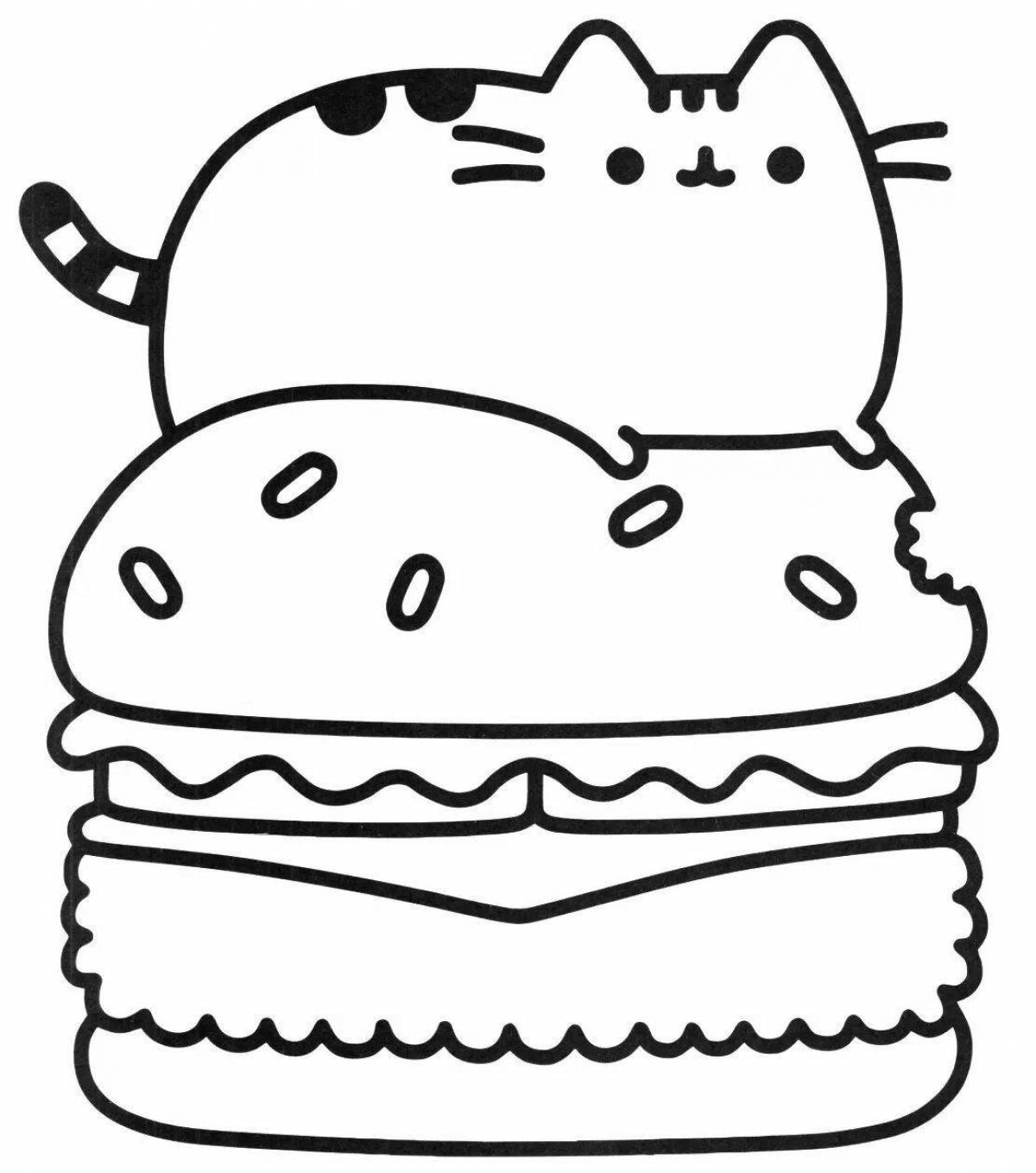 Cute burger cat coloring page