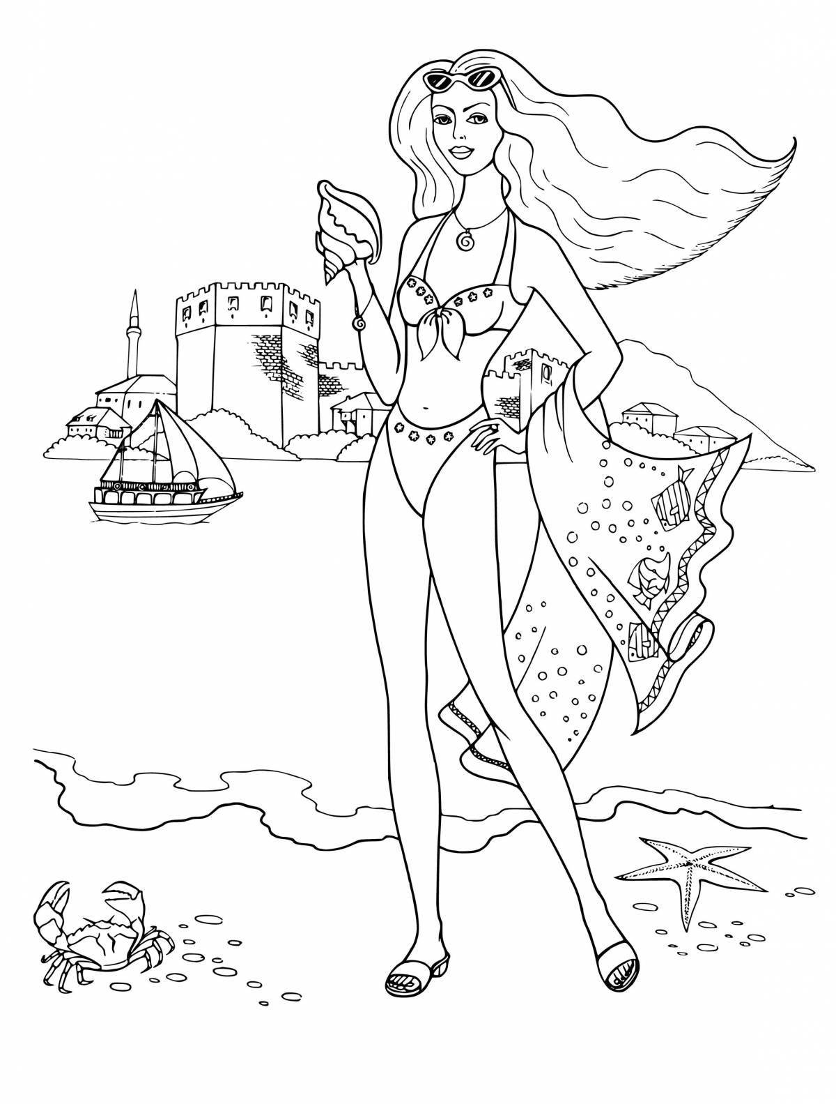 Charming coloring girl in a bathing suit