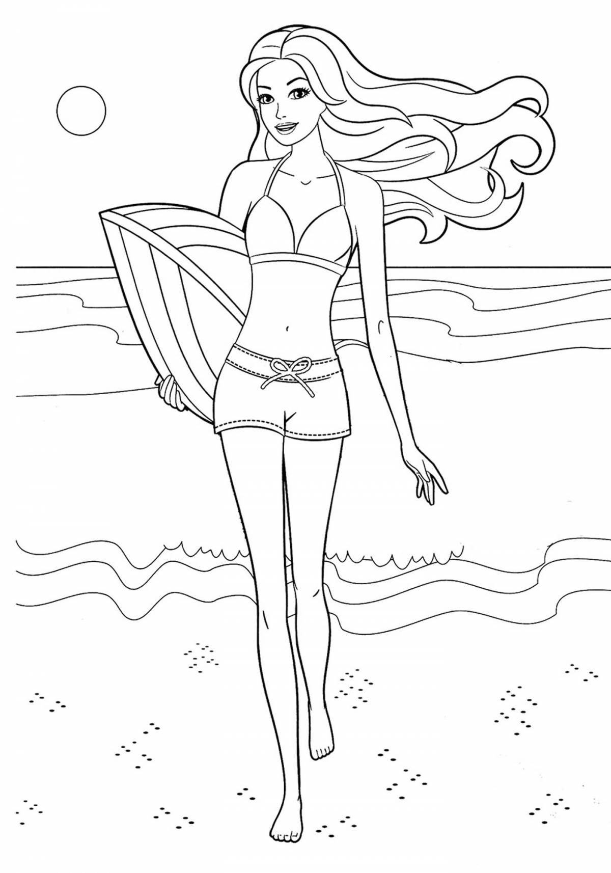Energetic coloring girl in a bathing suit