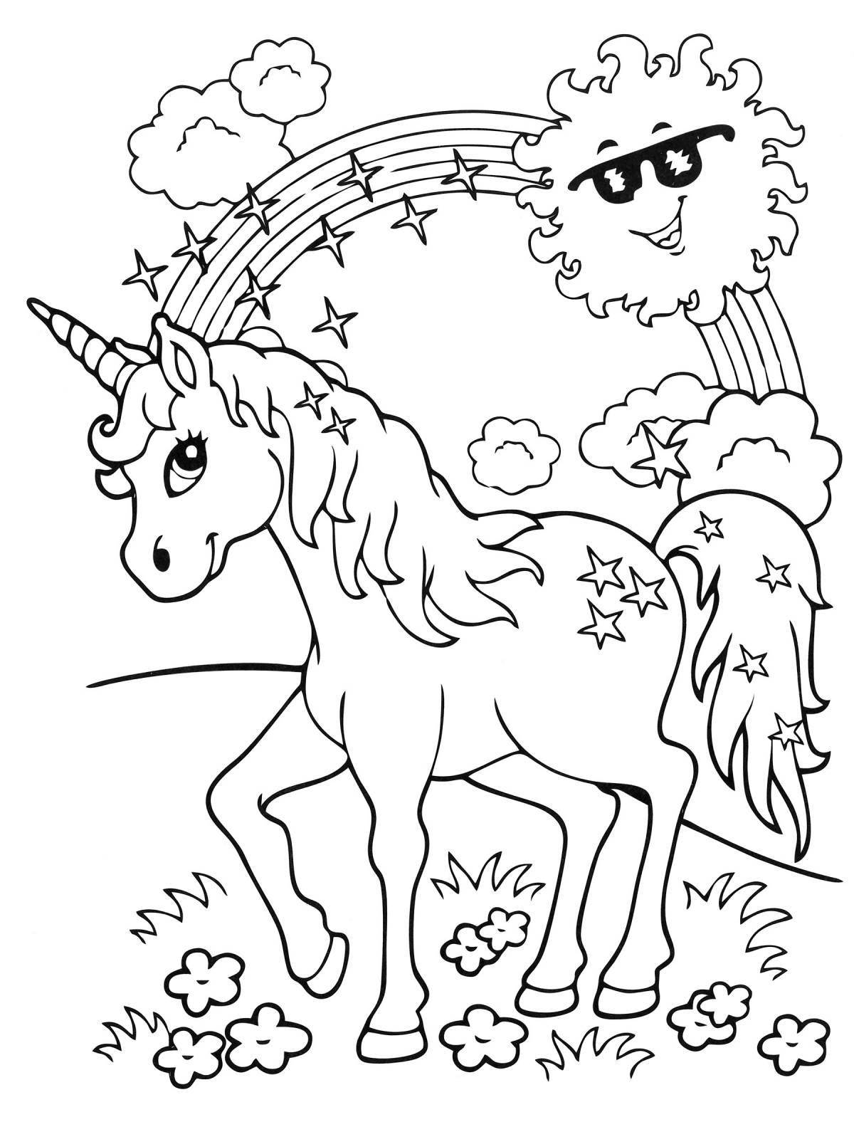 Mystical coloring unicorn with rainbow