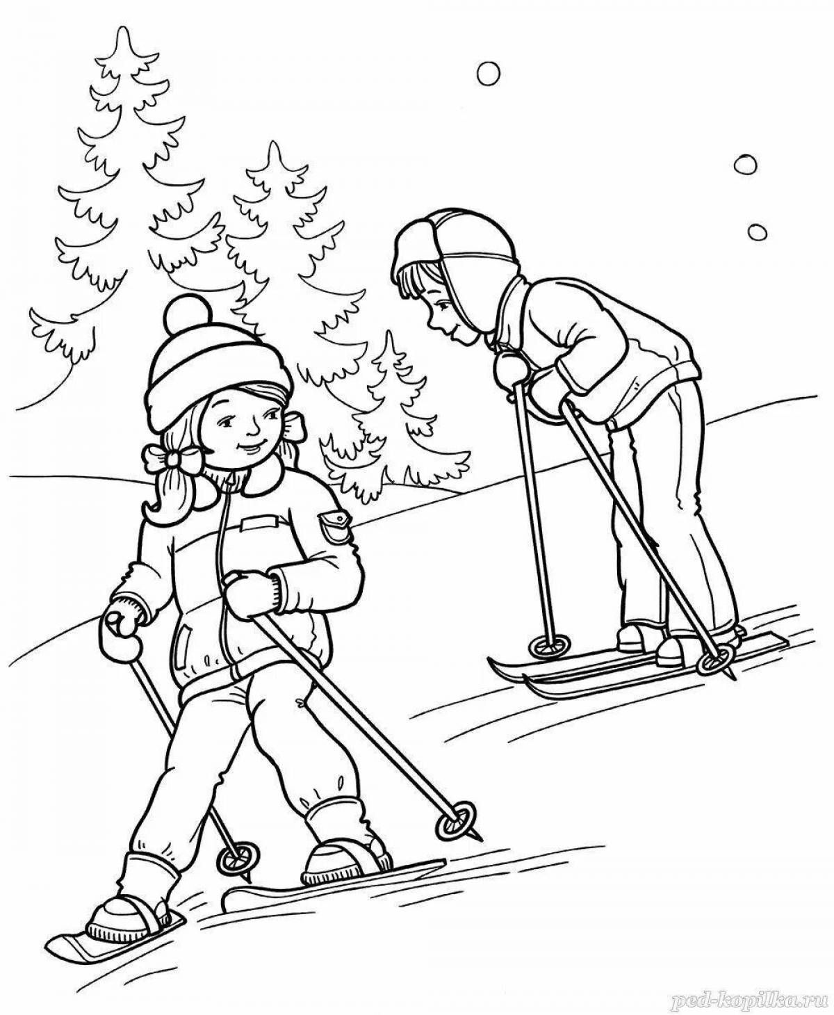 Раскраска «энергичный ребенок катается на лыжах»