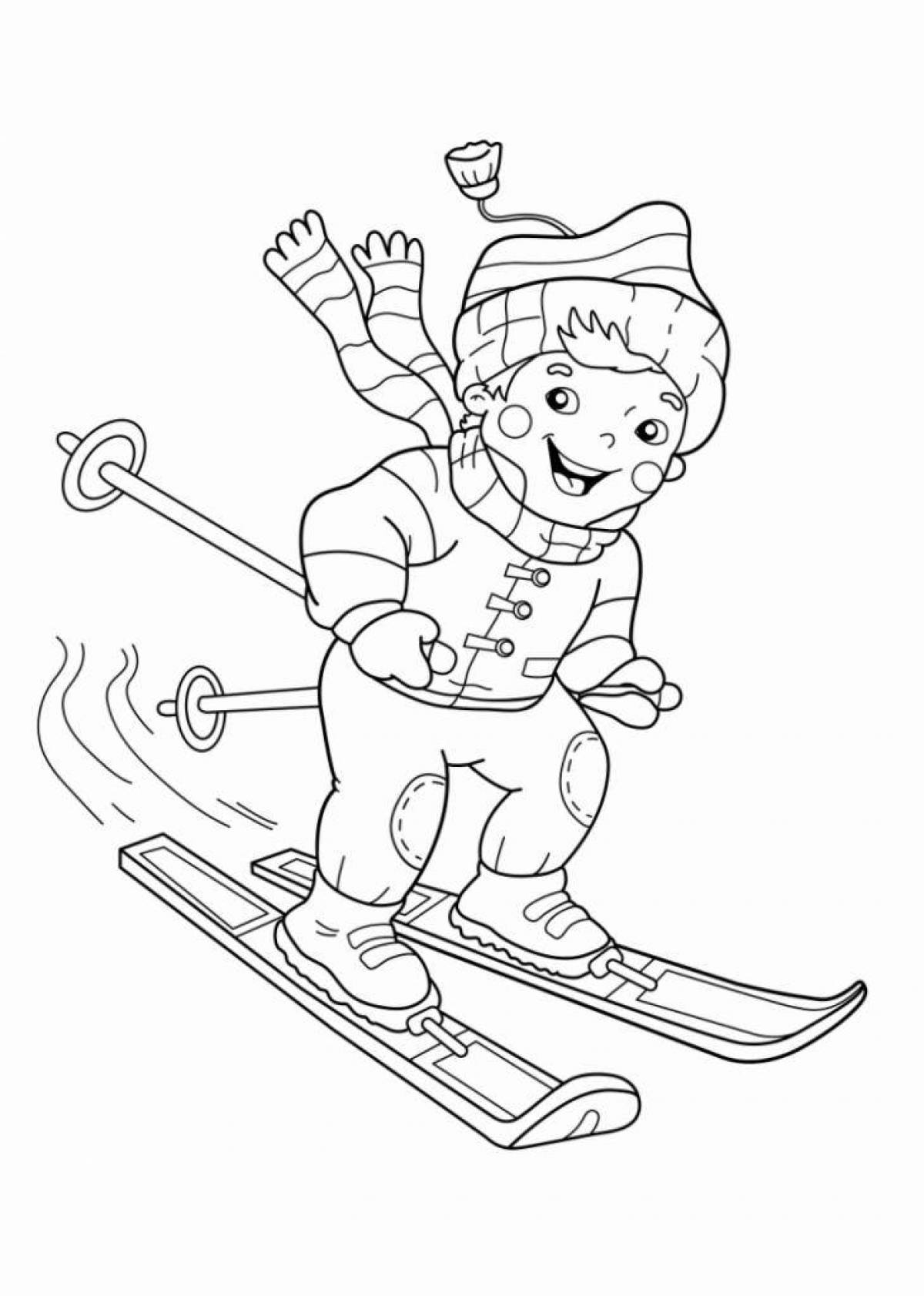 Courageous child on skis coloring page