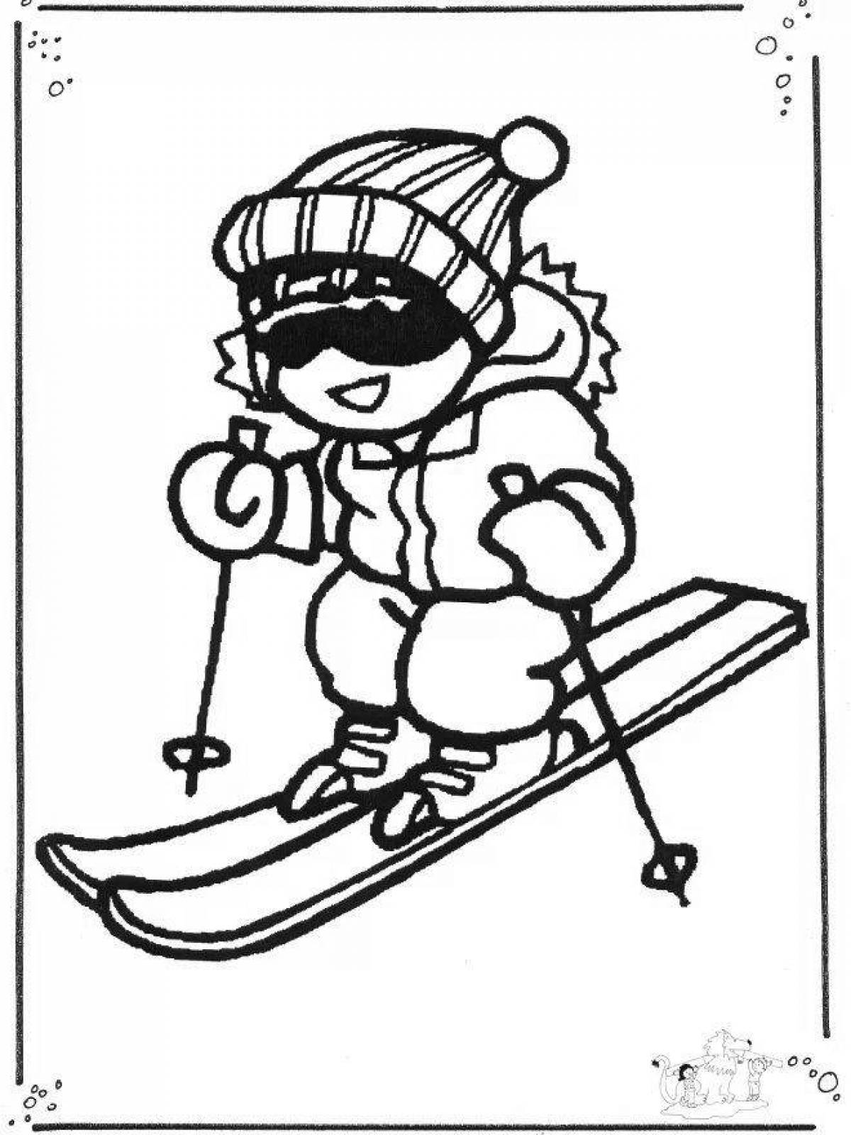 Забавная детская раскраска на лыжах