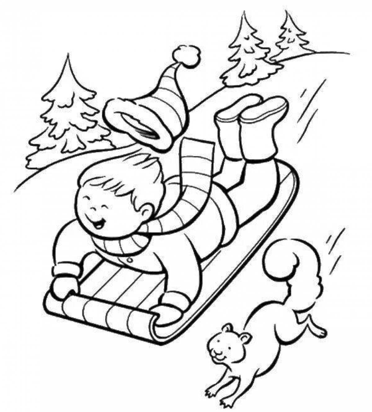 Colorful child on a sleigh coloring book
