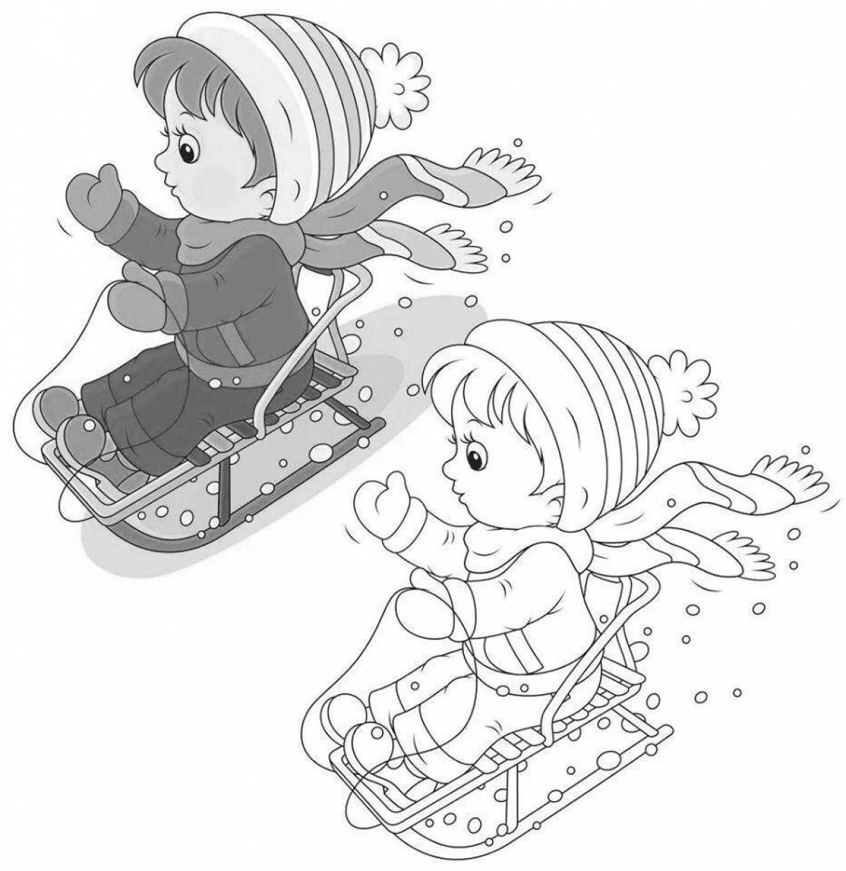 Coloring book adventurous child on a sled