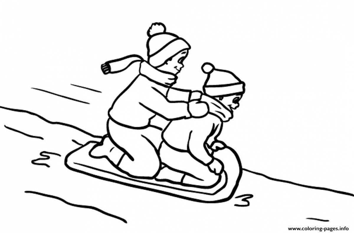 Coloring page excited child on sled