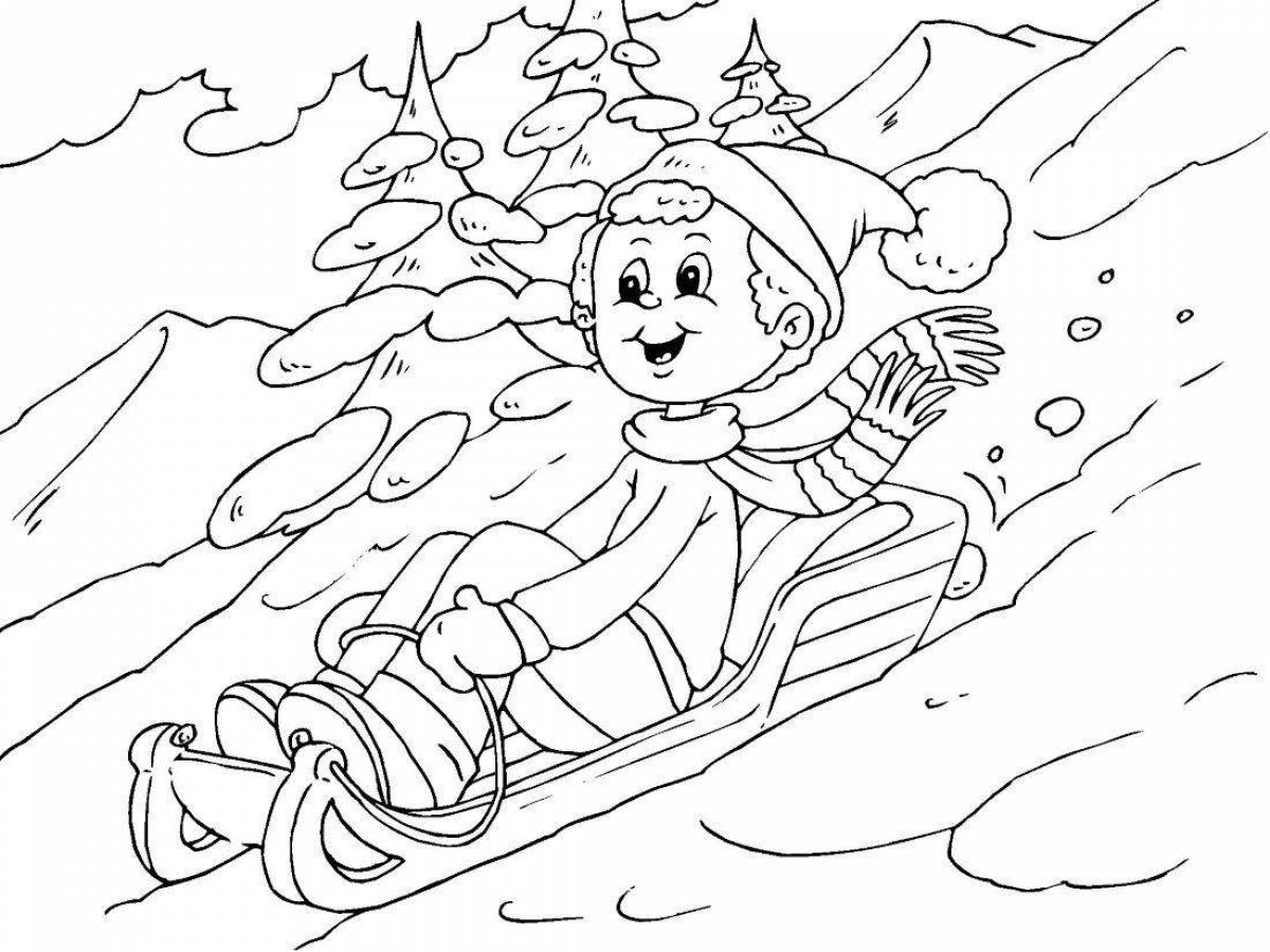 Coloring page playful child on a sled