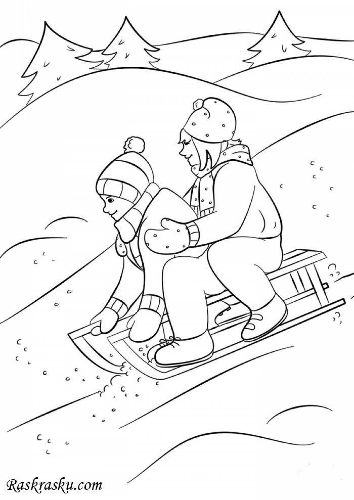 Coloring book of a cheerful child on a sled