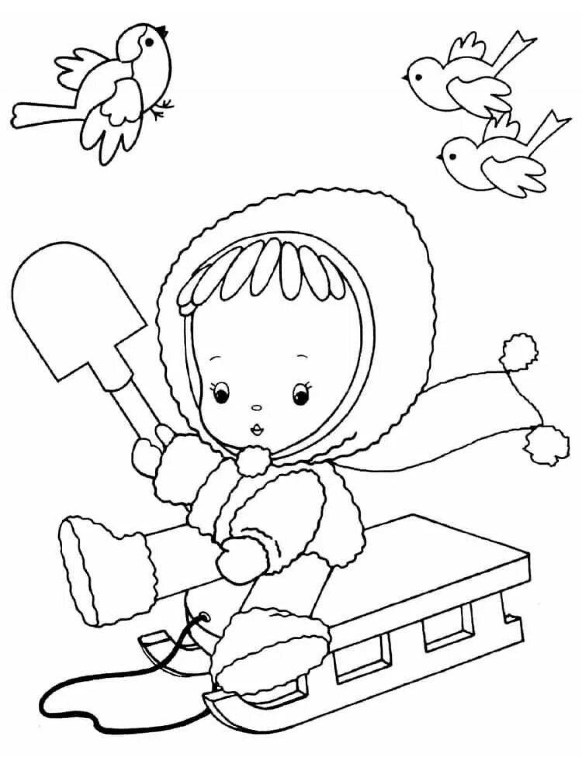 Colouring bright child on a sled