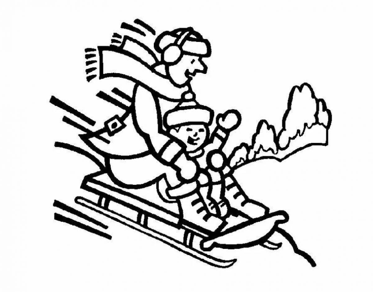 Coloring page of a violent child on a sled