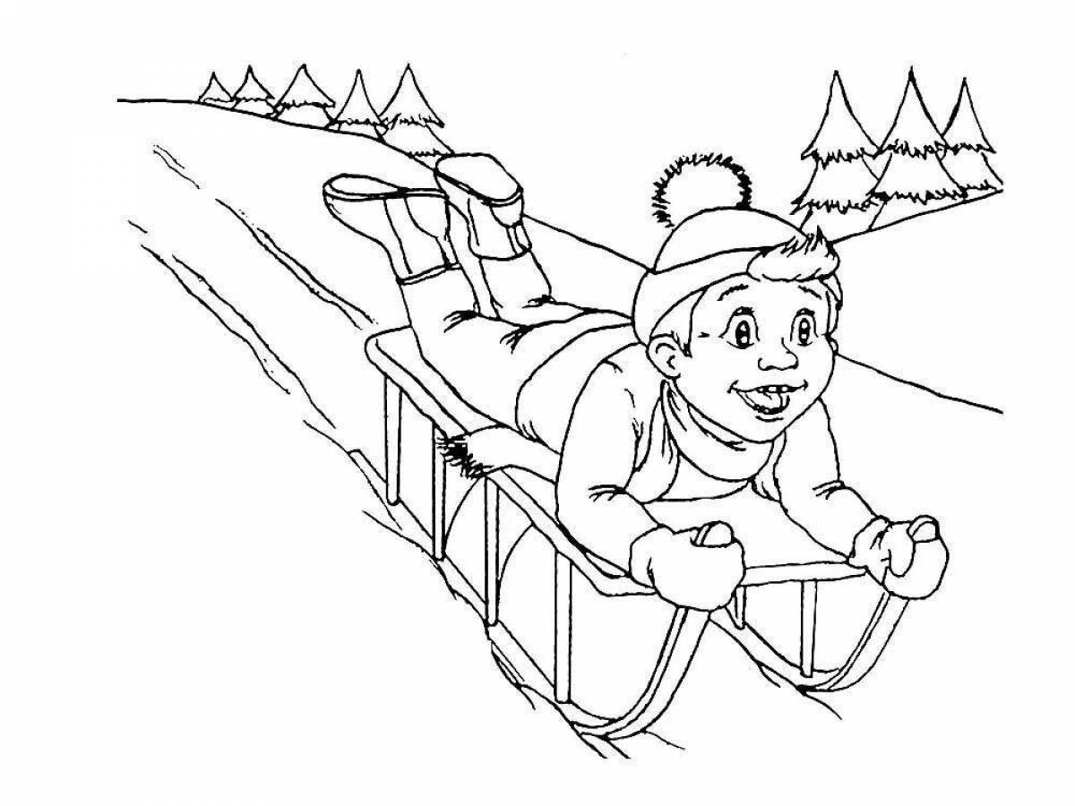 Coloring book exciting child on a sled
