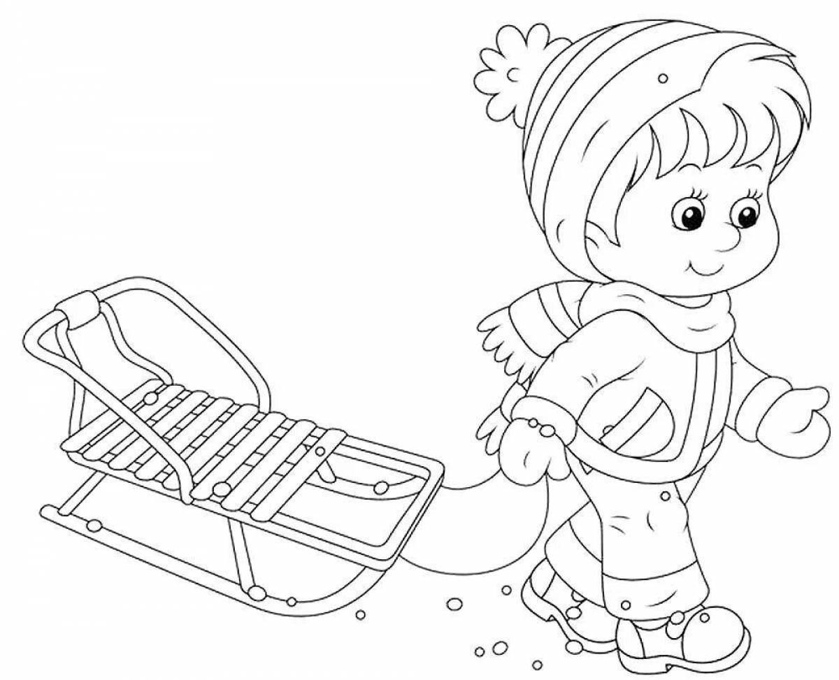 Coloring book shining child on a sled