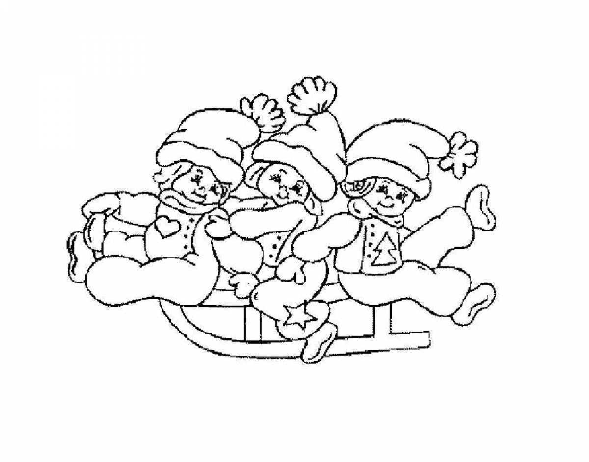 Coloring book glowing child on a sled