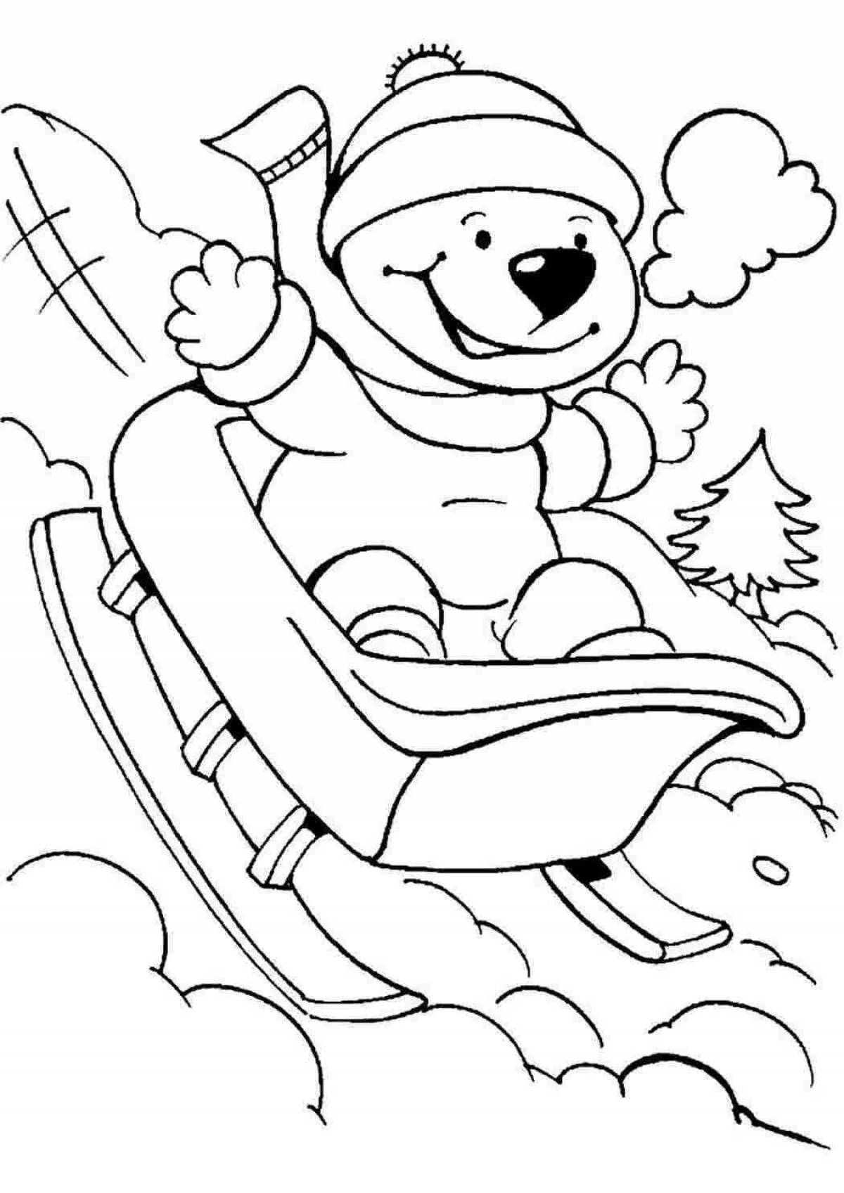 Coloring page blissful child on a sled