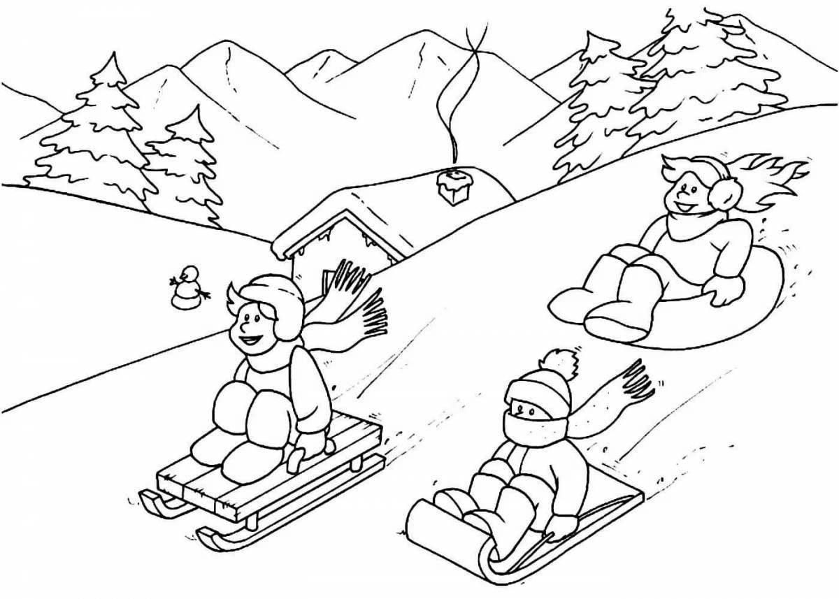 Coloring page of a jubilant child on a sled