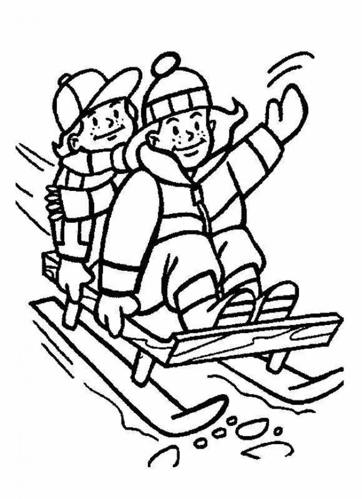 Coloring page of a living child on a sled