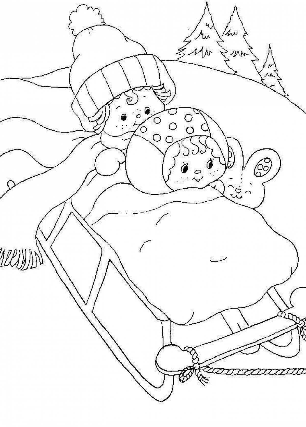 Animated child on a sleigh coloring book