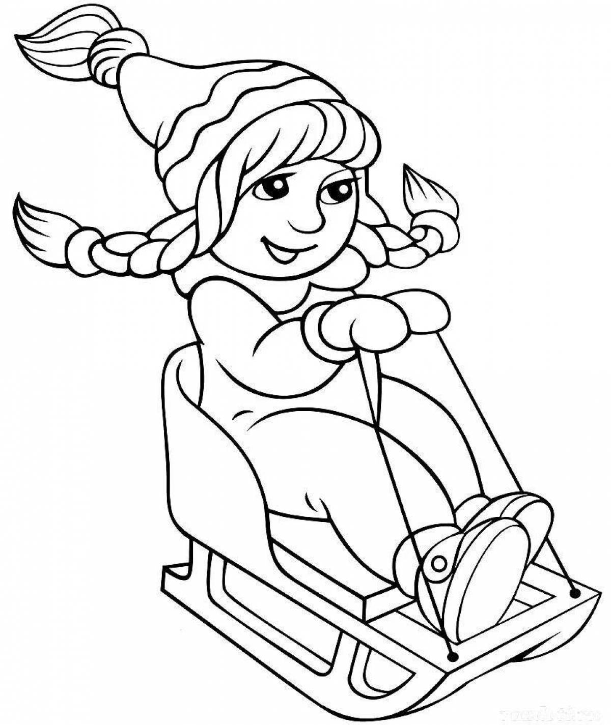 An enthusiastic child on a sleigh coloring book