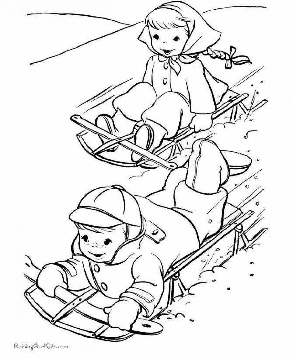 Joyful child on a sleigh coloring book